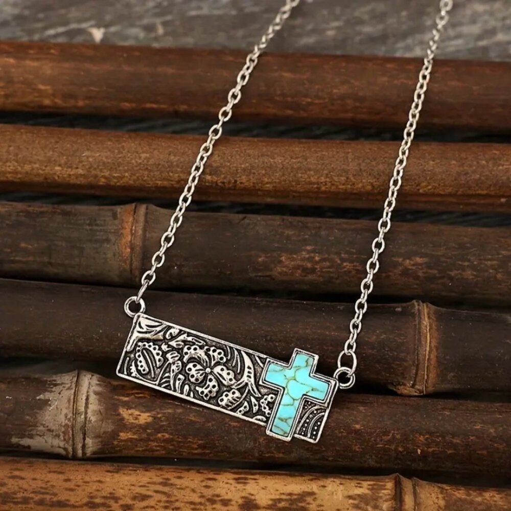 925 Sterling Silver Womens Turquoise Cross Square Bar Pendant Necklace Jewelry